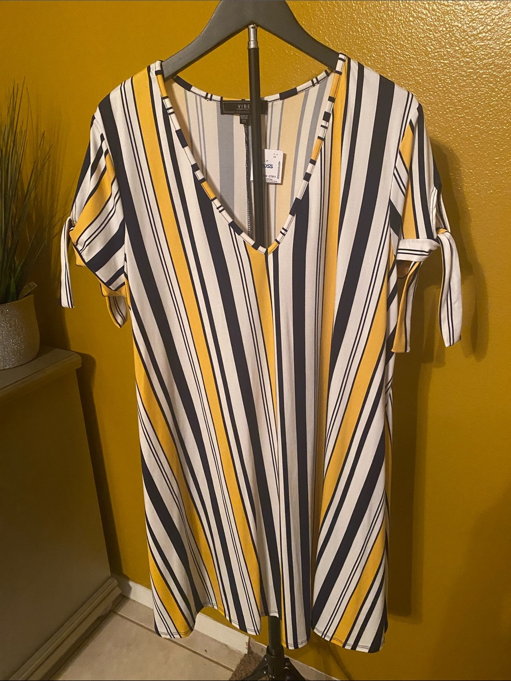 Vibe Sportswear Yellow, Navy & White Striped V-Neck Tie-Sleeve Dress